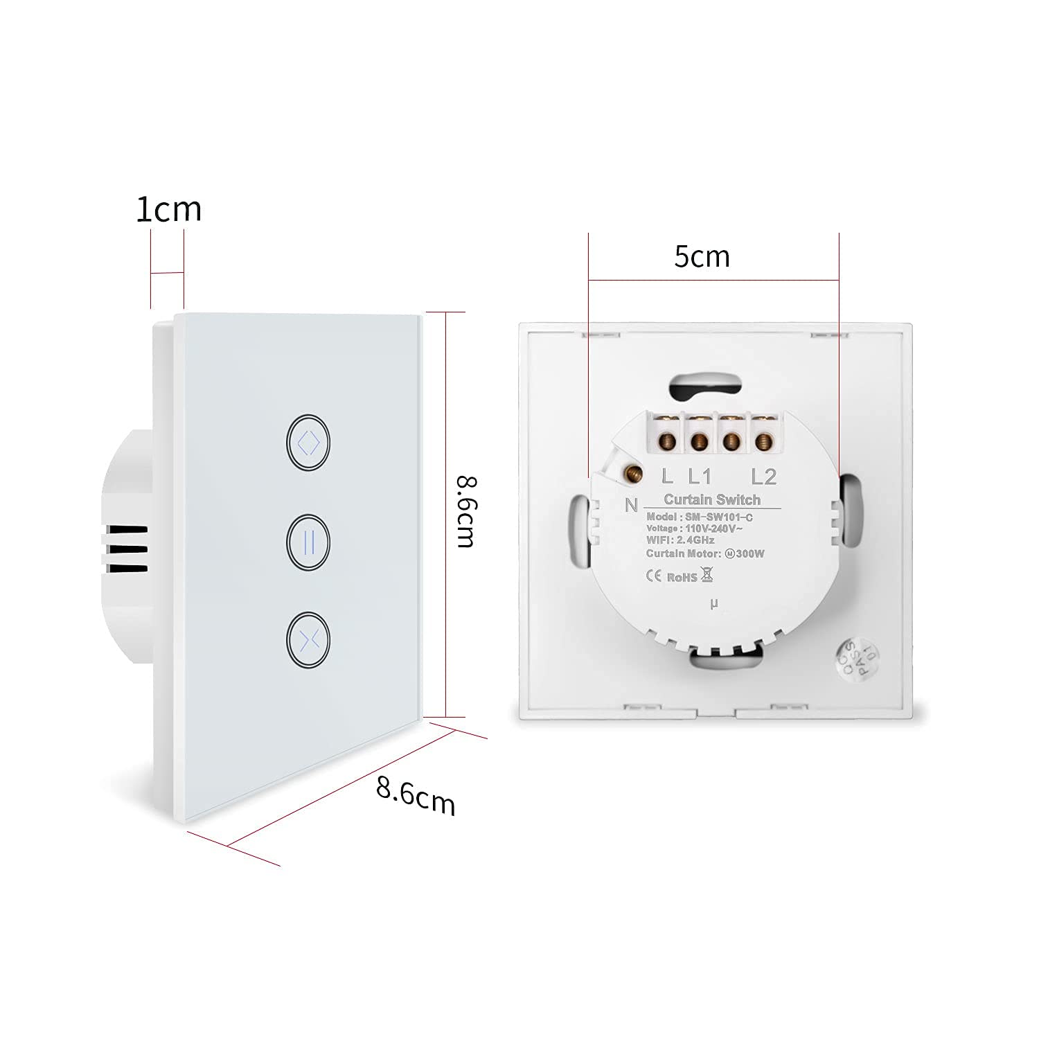 Lot de 2 interrupteurs de volet roulant Wi-Fi encastrés - Avec commande de volet roulant - Interrupteur électrique intelligent avec panneau tactile - Compatible avec Alexa et Google Home - Application
