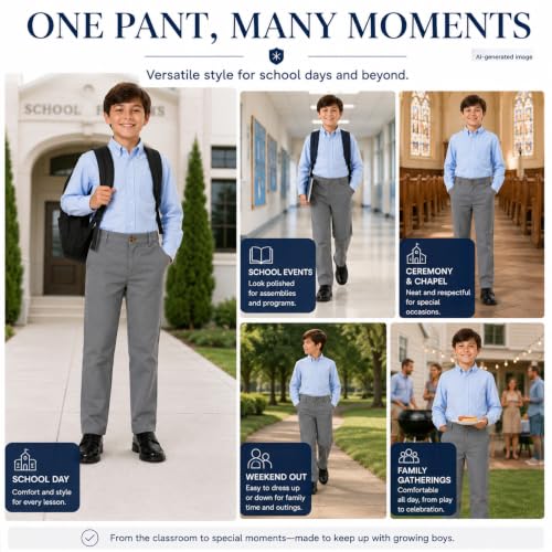 Image of Bienzoe Boys School Uniform Pants: Adjustable Waist Flat Front | Students Ages 6-13, Classroom Days, Picture Day, Awards, Open House, Chapel, Family Events, Lean-To-Regular Builds, Neat Look