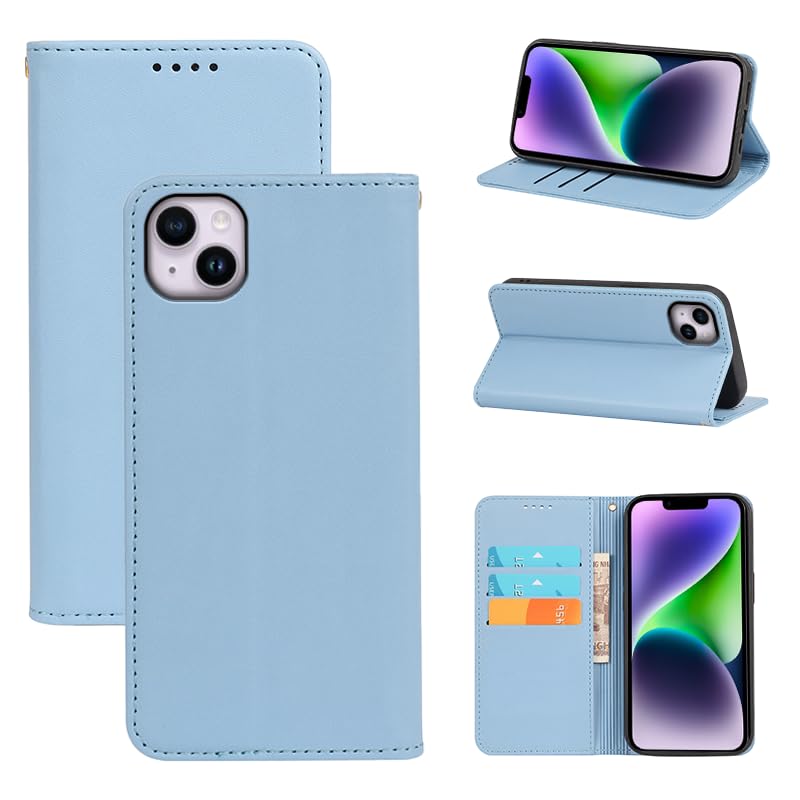 適用 iPhone 14 ケース 手帳型 iPhone14 用 手帳型 ケース カバー PUレザー カード収納 財布型 耐衝撃 ケース マグネット スタンド機能付き 5色 (iPhone14 用 ケース手帳型) (ライトブルー)