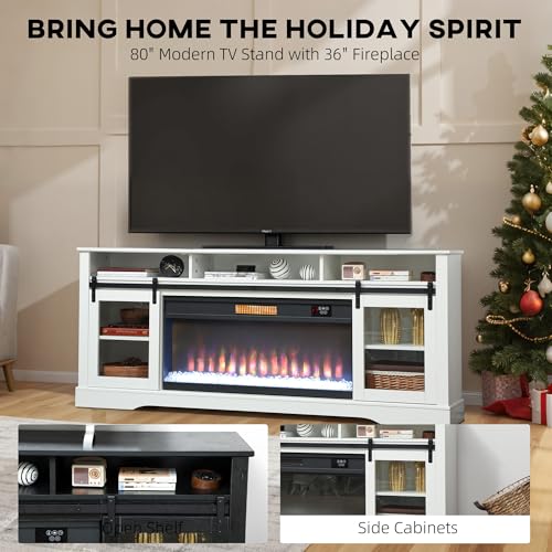 HOMCOM Fireplace TV Stand for TVs Up to 80 Inches, Modern Entertainment Center with 36" Glass Electric Fireplace & LED Lights, TV Console with Open Storage and Side Cabinets for Living Room, White - Image 3