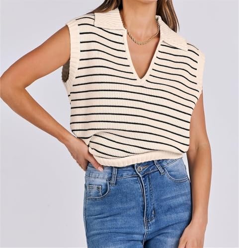 Women Summer Tank Tops Striped Sleeveless Polo V Neck Knit Sweater Vest Shirts 2024 Trendy Cute Outfits2