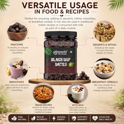 Image of HIMANSHI HERBALS Black Dry Dates 250g | Premium Sukha Khajoor (Chhuhara) | Dried Dates Kharak | Dry Fruit for Mithai, Prasad & Homemade Sweets | Jar Pack