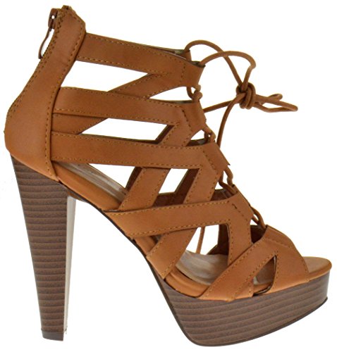 TOP Moda Table 8 Peep Toe High Heel Lace Up Strappy Pumps Tan 7