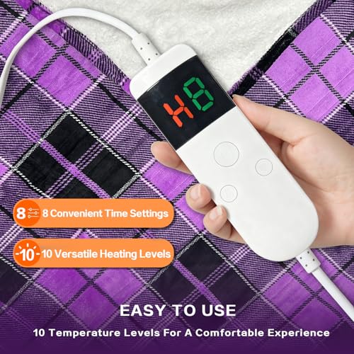 Image of Electric Blanket Heated Twin, Soft Flannel 62 inchx84 inch Plaid Heating Blanket with 8 Hours Auto Off 10 Fast Heating Levels Machine Washable Sherpa Heated Blanket with Overheating Protection
