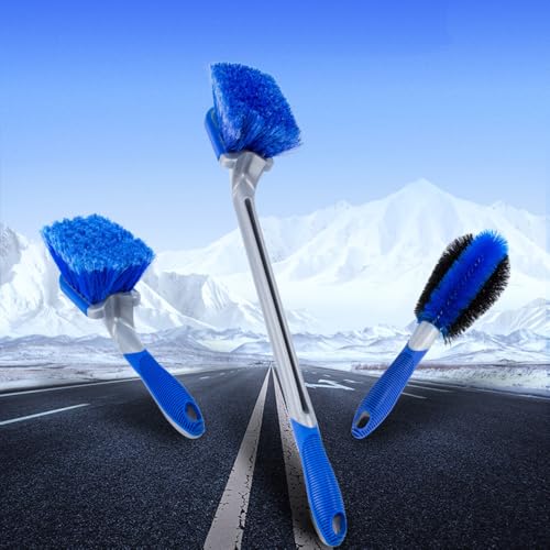 BONV 3pcs/Set Blue Long & Short Tire Brushes with Wheel Hub Brush for Car, Motorcycle & Offroad Cleaning