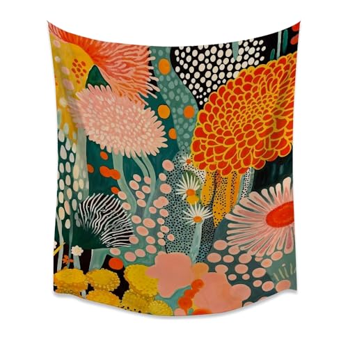 Mid Century Colorful Floral Art Vintage Tapestry Trendy Abstract Botanical Aesthetic Tapestries Japanese style Wall Hanging Decor for Bedroom Living Room Dormwhite70x90inch