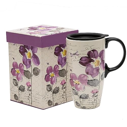 DUSVALLY Ceramic Mug Coffee Mug with Lid Porcelain Cup with Box Latte Mug 17oz. Purple Flowers, Purple,red, 13.21 cm x 15.75 cm