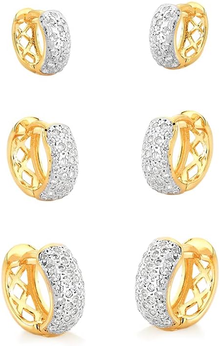 CRACCO Gold Plated Hoop Earrings for Women, 3 Pairs Hoop Earrings for Girls, Cubic Zirconia Earrings Set 0.4in (10mm) 0.5in (13mm) 0.6in (15mm), Yellow Gold, Cubic Zirconia