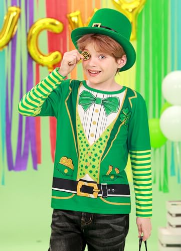 Image of Unisex Kid's St Patrick's Day Shamrock Top Striped Patchwork Irish Clover Long Sleeve Shirt 4-14 Years