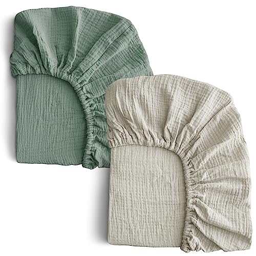 Image of COSMOPLUS-Muslin-Crib-Sheets-for-Girls-Boys-Neutral-Baby,2 Pack Boho Crib Matress Sheet,Fitted Crib Sheet for Standard Crib Mattress & Toddler Bed Mattress,Organic Cotton,Slate Green & Light Gray