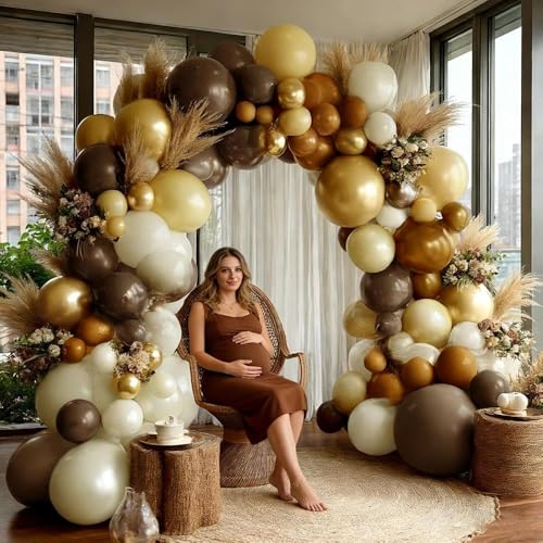 Image of Brown Balloon Arch Kit Double Stuffed Dark Tan Pearl White Sand Gold Balloon Garland for Neutral Birthday Baby Shower Gender Reveal Bridal Graduation Party Decorations