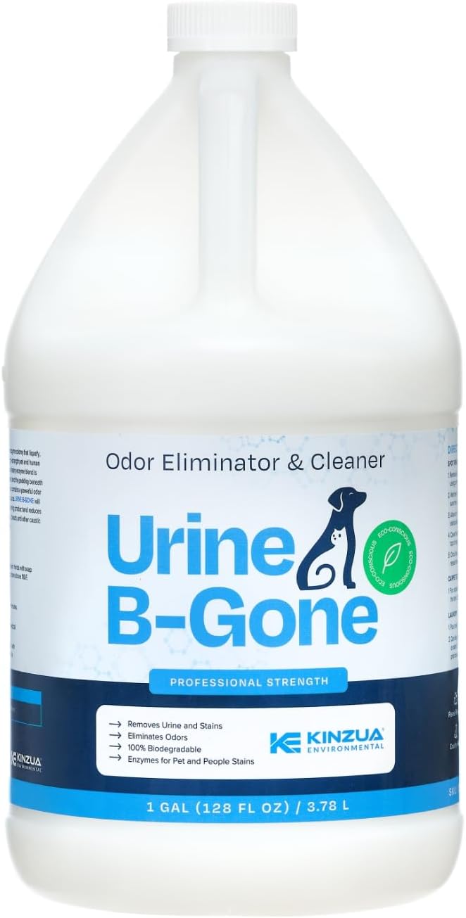 KINZUA ENVIRONMENTAL Urine B-Gone, Skilled Enzyme Odor Eliminator & Pet Stain Remover, Human, Cat & Canine Urine Cleaner, Efficient on Laundry, Carpets & Extra, Unique Scent, 1 Gallon