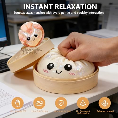 Image of Dumpling Squishies, Dumpling Mystery Box, Colorful Dumplings Stress Balls Toy, Stocking Stuffers with Food Steamer Stretchy Desk Toys (Flash Green)