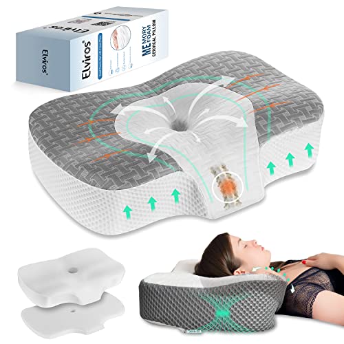 Elviros Cervical Memory Foam Neck Pillow for Side Sleeping, Contour Orthopedic Pillows for Back and Stomach Sleepers, Adjustable Ergonomic Bed Pillow Pain Relief, CertiPUR-US (Grey)