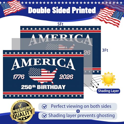250 Anniversary USA Flag - 3x5 Ft Double Sided 3 Layers Patriotic Flags - 4th of July Decorations Independence Day American 250th Anniversary Flag for Indoor Outdoor Decoration