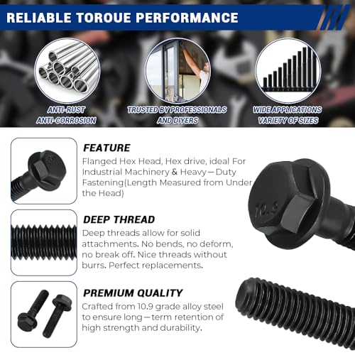 Image of 4-Sets M12-1.75 x 100mm Grade 10.9 Flange Hex Bolts + Flange Nut + Flat Washer + Lock Washer Combo Pack, Black Oxide, for Automotive & Machinery