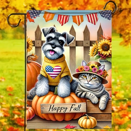 Image of BlissYard Happy Fall Schnauzer Dog and Cat Garden Flag 12x18 Inch Double Sided Fall Yard Banner with Puppy Pumpkin and Autumn Leaves for Thanksgiving Porch Patio Lawn Outdoor Decoration