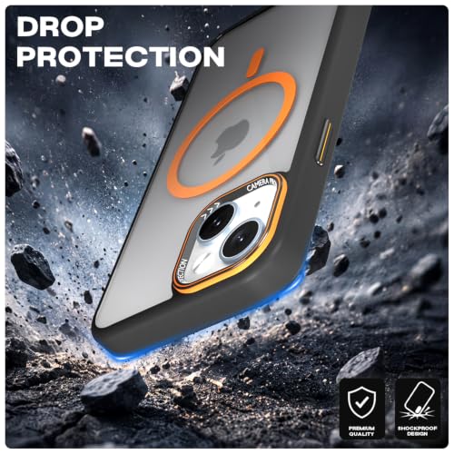 Image of Pikkme Back Cover for iPhone 15 Plus | Shockproof | Mag-Safe Compatible | Hard Transparent Back | Premium Raised Camera Protection | Bumper Case (Black & Orange Mag-Safe)