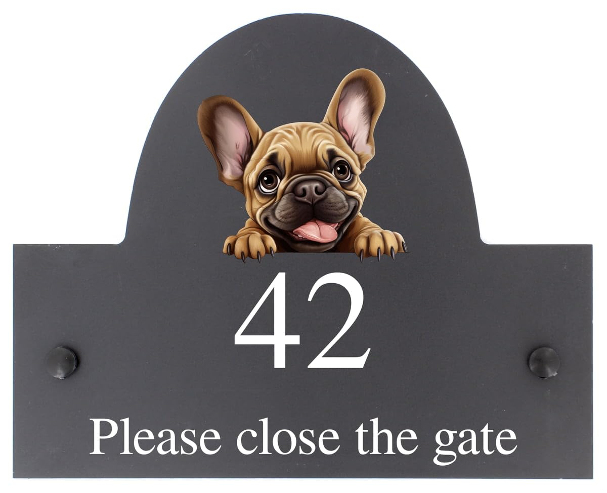 Targhetta personalizzabile in ardesia con nome o numero civico con bulldog francese, 25 x 20 cm