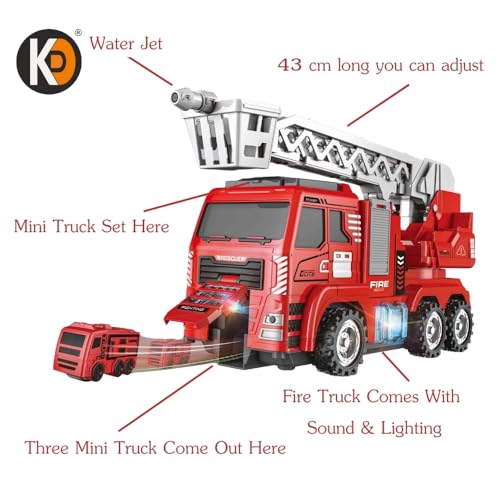 Image of K D Remote Control Ejector Fire Truck, Rechargeable Fire Brigade Automatic Rescue fire Truck, with Water Spray, Extending Ladder, Flashing Lights, Siren and 3 Mini Fire Vehicles Cars (Age 3+)