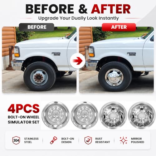Image of 4pc 16 inch Anti Rust Wheel Simulators Compatible with Ford F450 1988-1998 w /Tool Kit C16D10, 10 Lug Polished Stainless Steel Dually Bolt On Cover Hubcaps C16D10