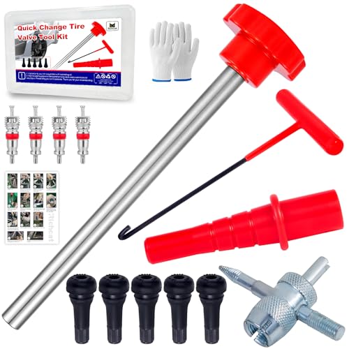 Quick Change Tire Valve Tool Kit,Tire Valve Stem Core Quickly Replacement Tool Kit,Perfect Tool for Replacing Leaky Valves in Cars,ATVs,Trucks,Motorcycles, etc.with 5 TR413 Valve,4-Way Valve Tool