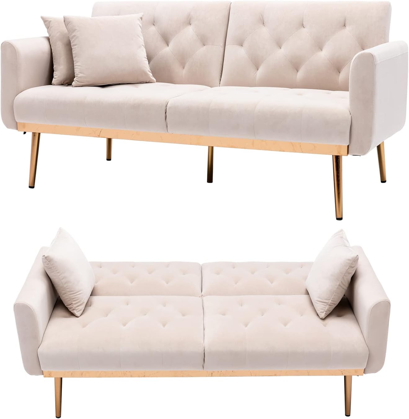 TITA-DONG Velvet Sofa Convertible Sleeper Sofa,Modern Tufted Sofa Bed with 2 Throw Pillow & Gold Plating Base 5 Leg, Adjustable Folding Accent Sofa Couch for Living Room (Beige)