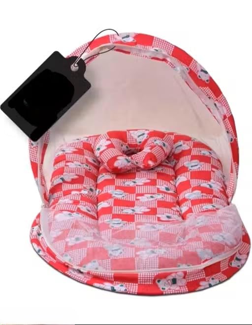 Bedding Set with Mosquito Net, Mattress and Pillow, Red | Newborn to Infant, Foldable Net Cover, Soft Cushioned Mattress, Cartoon Print Fabric, Includes Pillow-picture-20
