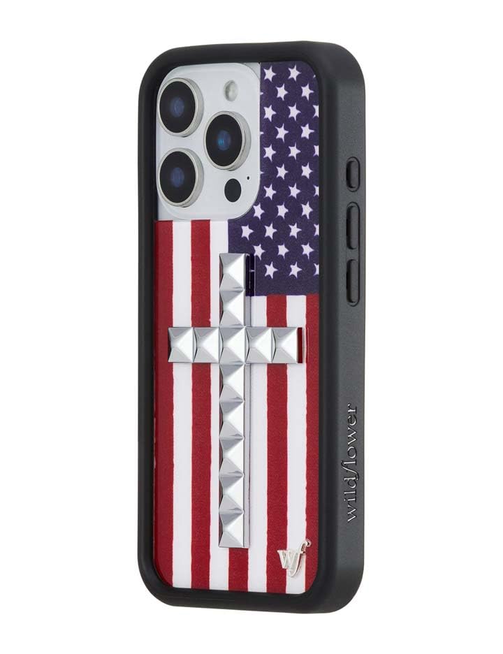 Image of Wildflower Cases - iPhone 16 Pro Compatible - Stud Cross American Flag | Impact-Certified 6.5 ft Drop Protection Case, Raised Protective Bumper, Cute Aesthetic Design, Women-Owned Small Business