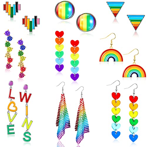 9 Pairs Rainbow Earrings Pride Earrings Rainbow Mesh Drop Clip On Earrings Lightweight Chain Rainbow Earrings Love Wins Dangle Post Earrings Round Heart Rainbow Drop Earrings For Women Girls Men #TOP14