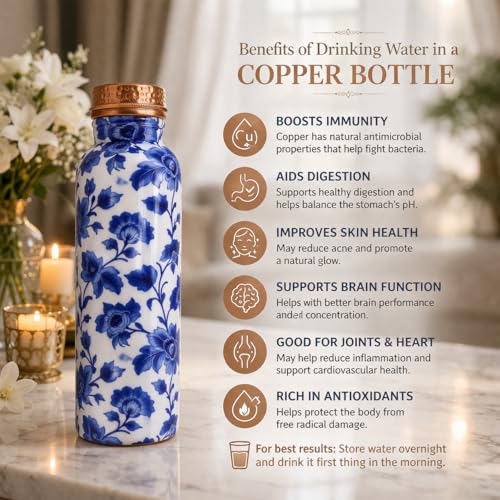 Image of JAIPUR ACE Hammered Pure Copper Water Bottle with Glass Set | 100% Copper Bottle Set | Leak Proof, Ayurvedic Health Benefits, Premium Design Gift Set for Home, Office, Gifting (Royal Blue Floral)