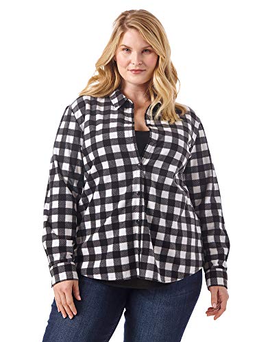 Riders by Lee Indigo Women's Plus Size Long Sleeve Button Front Pattern Fleece Shirt, Black/White Buffalo, 4X