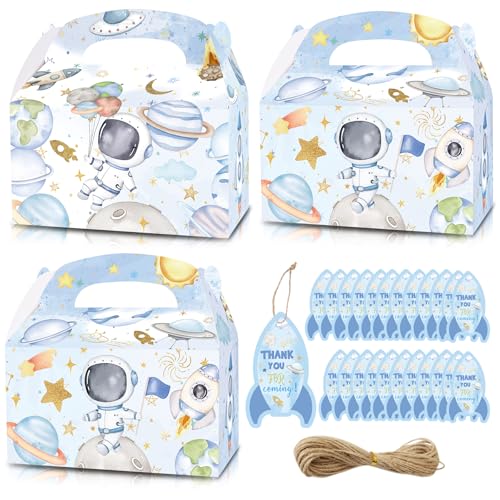 HAPPARTY 24PCS Astronauts Party Favor Gift Boxes With Thank You Card Tags, Light Blue Outer Space Goodie Candy Treat Box