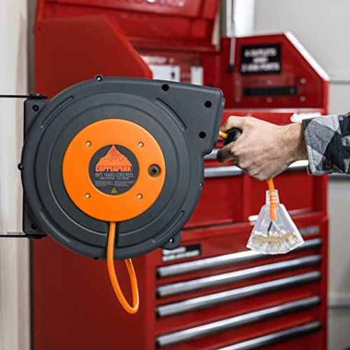 Copperpeak Tools Retractable Extension Cord Reel, 50 Ft Heavy Duty Electric Power Cable, 14Awg/3C Sjtow, 3 Grounded Outlets Lighted Triple Tap, 13 Amp Circuit Breaker, Ul, Black Orange #TOP2