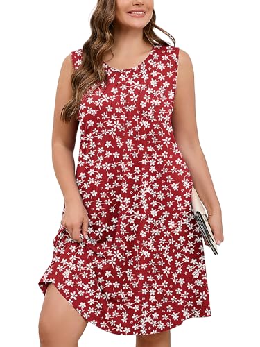 AusLook Plus Size Floral Midi Dress for Women Sleeveless Casual Summer Tank 3X Dress with Pockets Round Neck A-Line Swing Flowy Vacation Beach Sundress