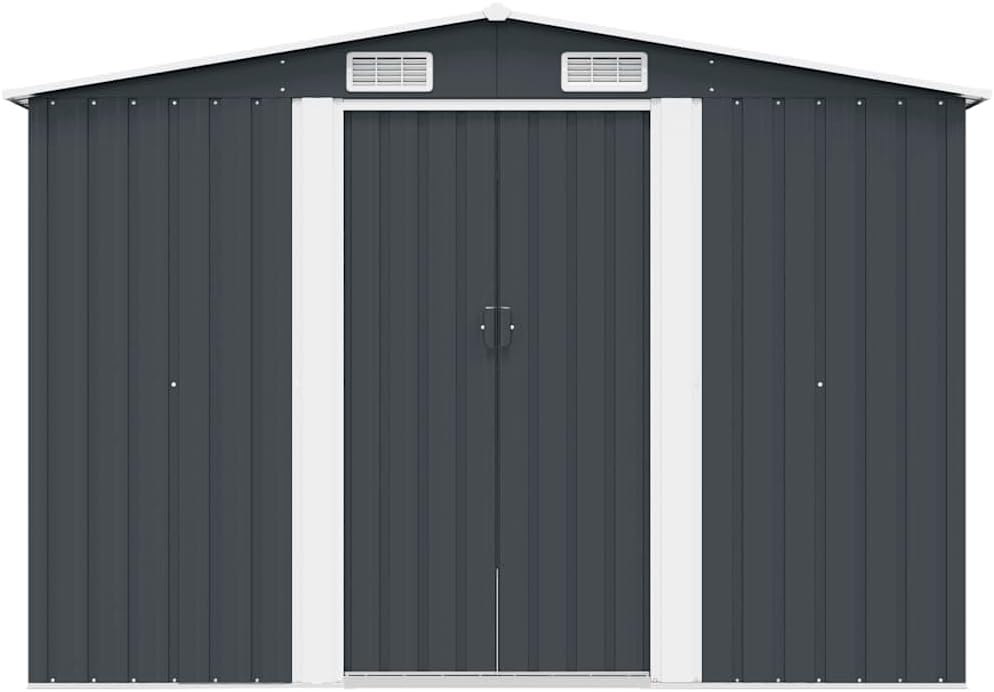 Quddiem view of the metal garden shed with closed double sliding doors