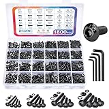 Picture of 1800PCS Metric Screw Assortment, Metric Bolt Assortment Kit M2 M3 M4 M5 Machine Screws with Lock & Flat Washers, Grade 10.9 Alloy Steel Hex Socket Button Head Black Screws Nuts and Bolts Kit (Black)