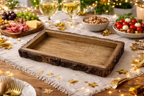 Image of Rustic Wooden Serving Tray with Natural Bark Edges | Handmade Solid Wood Tray | Multipurpose Snack, Tea & Decor Tray | Natural Brown Finish