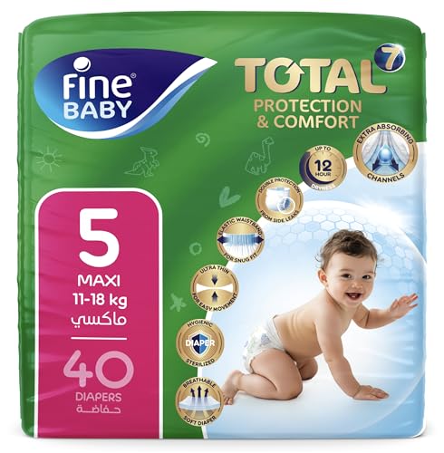 Fine Baby Total 7 Diapers Size 5 Maxi (11-18 kg) 40 Count. Superior Protection and Comfort Extra Absorbent Improved Formula