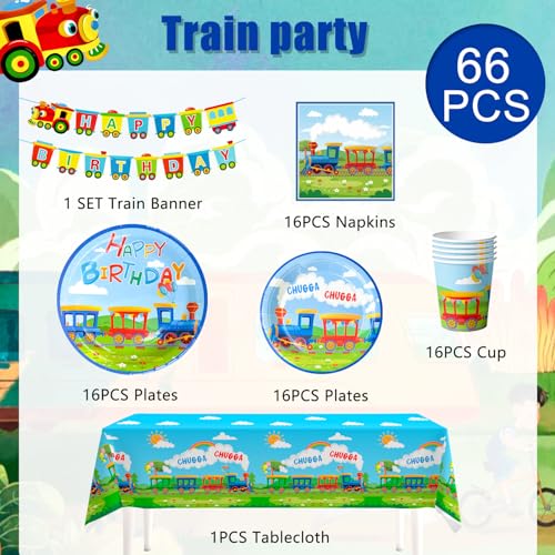 Zug Geburtstag Party Supplies Geschirr Set,16 Gäste Partygeschirr KinderGeburtstag, Zug Geburtstag Teller Servietten Partybecher Tischdecke Zug Banner Etctrain Kindergeburtstag Deko