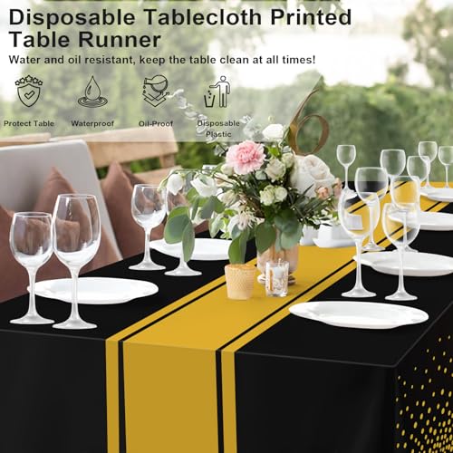 Image of 2 Pack Black and Gold Tablecloth Party Decorations Plastic Black Tablecloth Printed Gold Table Runner 54 x108 Inch Disposable Rectangle Table Cover for Birthday Wedding Graduation Anniversary