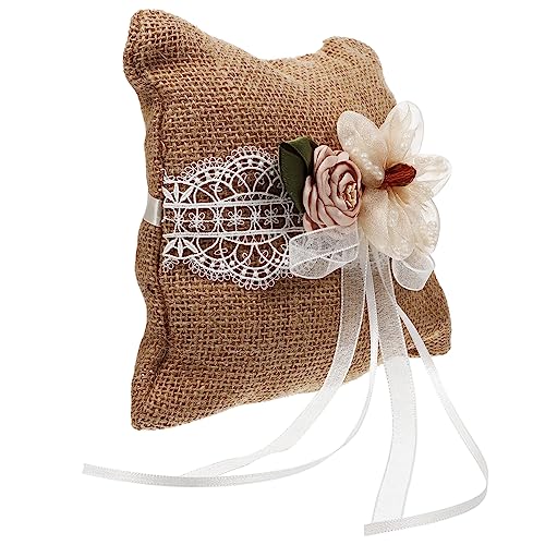 Unomor Rustic Engagement Ring Holder Pillow Vintage Wedding Ring Cushion with Pearl Handle Reusable Decorative Knickknack for Weddings Anniversaries and Engagements
