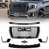 VLINCAR Grille Set 6pcs Compatible with GMC Yukon/Yukon XL Denali 2021 2022 2023 2024 Front Upper Grill + Lower Hood Trim Molding + Front Cover Plate + Fog Light Bezels + Camera Bracket Gloss Black