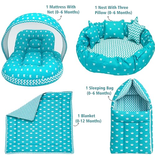 Image of Fareto Combo of Baby Bed with Net | Carry Bag | 4 Pcs Bedding Set (0-6 Months, Baby Size, Cotton) (Blue Crown)