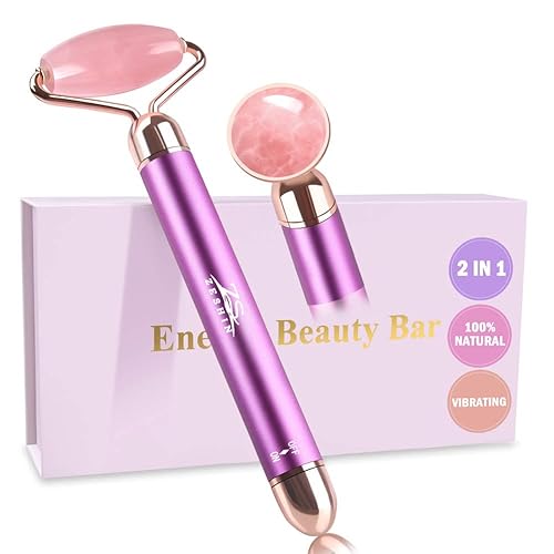 ZS ZESHIN Rodillo masajeador facial de jade vibratorio 2 en 1, rodillo eléctrico de cuarzo rosa para presionar aceite de crema de piel para reducir