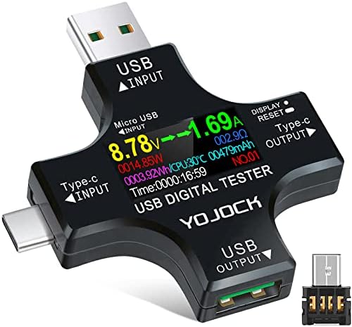 YOJOCK USB C Tester USB Power Meter 2 in 1 Digital Multimeter 3.6-32V 0-8.0A Voltage and Current Tester Meter, Type C USB 3.0 Voltmeter Battery Capacity Volt Ammeter Power Bank Charger Detector