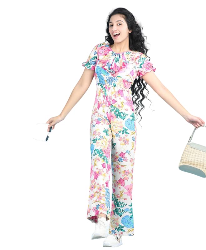 Image of Girls Stylish Floral Print Embellished Jumpsuit | Lightweight & Comfortable Fabric | Jumpsuit for Kids | Ideal for Casual & Outings
