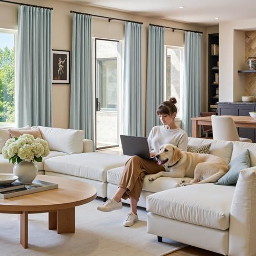 Image of Blackout Misty Blue Velvet Curtains Rod Pocket 52x84 Inch 2 Panels | Soft Velvet, For Bedroom & Living Space, Light Shifting Texture, Elegant Drape, Peaceful, Serene
