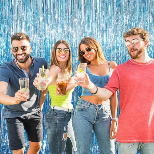 Image of GOER 3.2 ft x 9.8 ft Metallic Tinsel Foil Fringe Curtains Party Photo Backdrop Party Streamers for Birthday,Graduation,New Year Eve Decorations Wedding Decor (4 Packs,Blue)