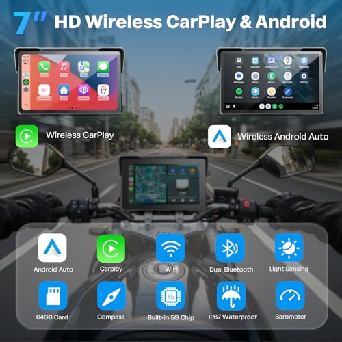 Image of WonVon Motorcycle CarPlay Screen with Android Auto - 7 inch Waterproof GPS, Pantalla para Moto, Apple CarPlay, Navigation System for Motorcycle, Dual 4K Dash Cam Bluetooth Audio, BSD & TPMS